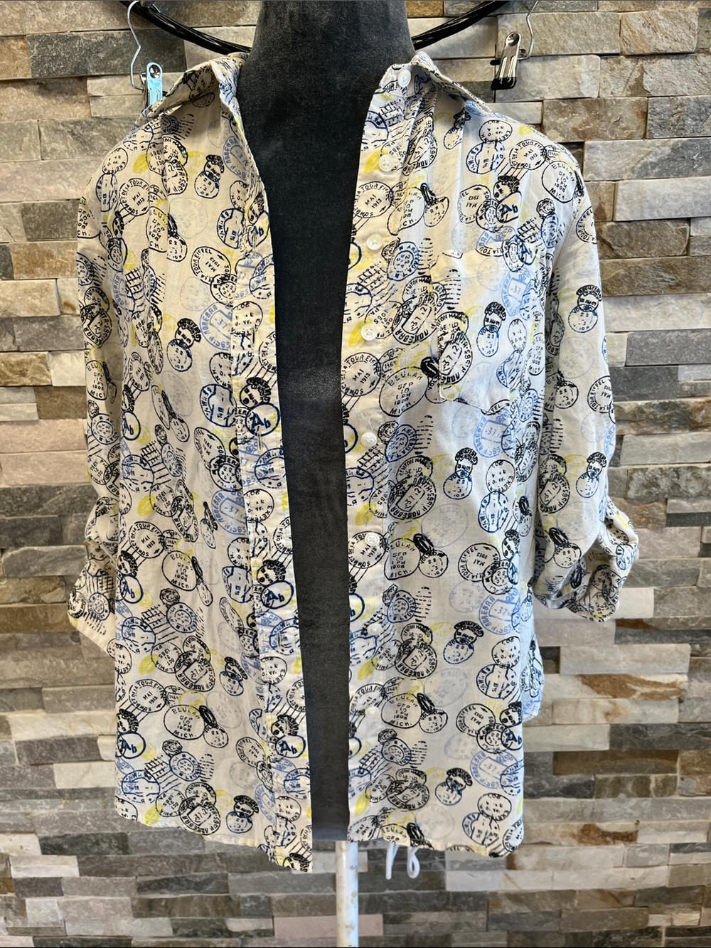 Ann Taylor White Button-Up Blouse with Blue and Yellow Stamp Print